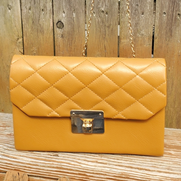 New Age Handbags - FASHION Faux Leather Mustard clutch/shoulder bag with chain